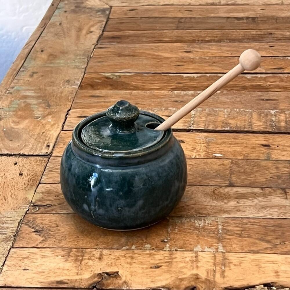 Art Pottery Lidded Honey Pot Wooden Honey Dipper Signed by Artist